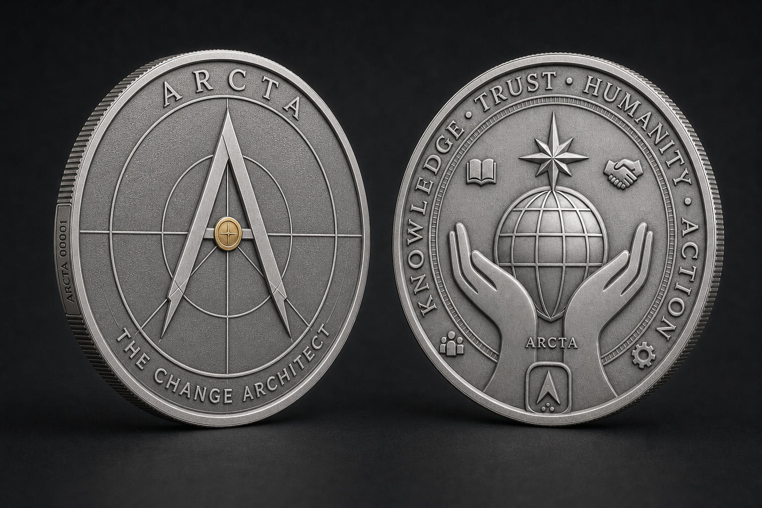 ARCTA coin obverse with architectural A and reverse with globe supported by two hands